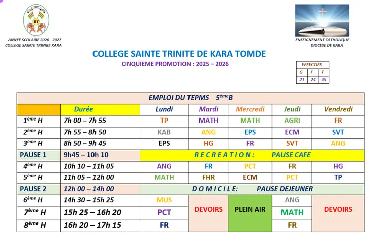Classe de Cinquième B, 2026-2027