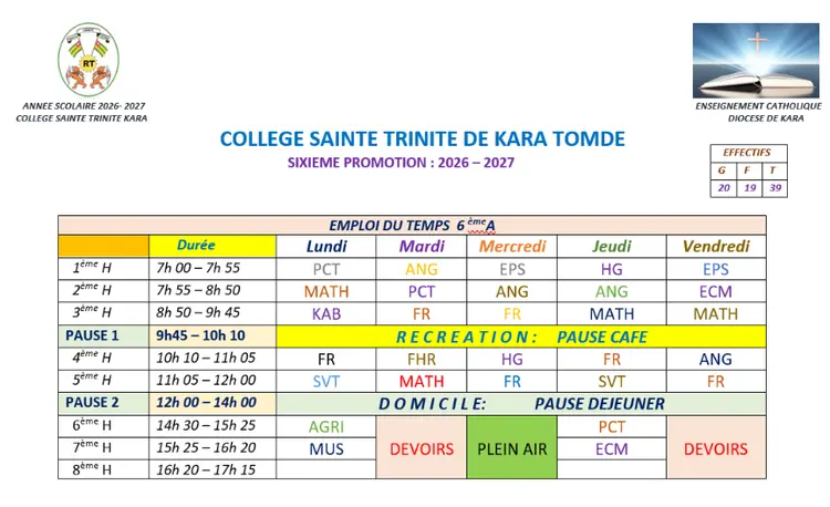 Classe de Sixième A, 2026-2027